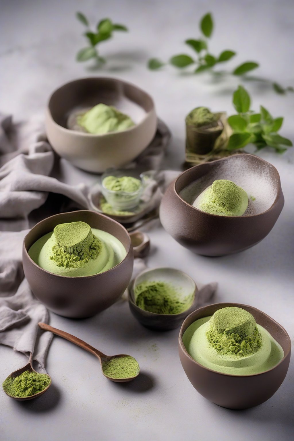 A high-resolution photo of matcha green tea whipped chocolate mousse in modern bowls, dusted with matcha powder, under soft lighting.