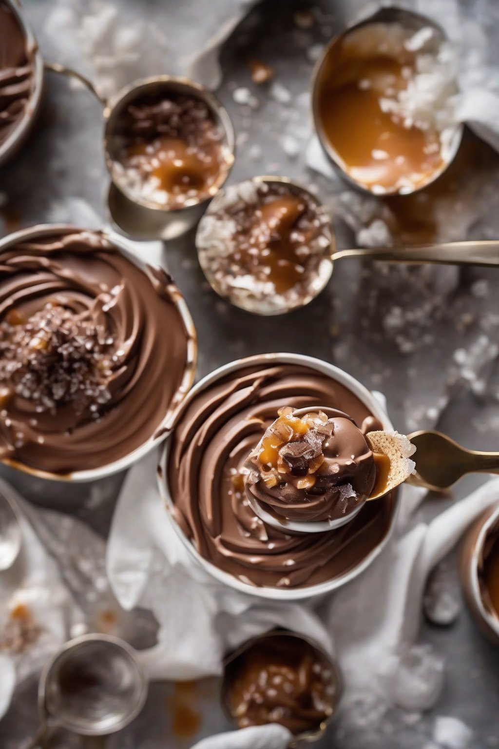 A high-resolution photo of salted caramel whipped chocolate mousse in ramekins, drizzled with caramel and salt crystals, under soft lighting.