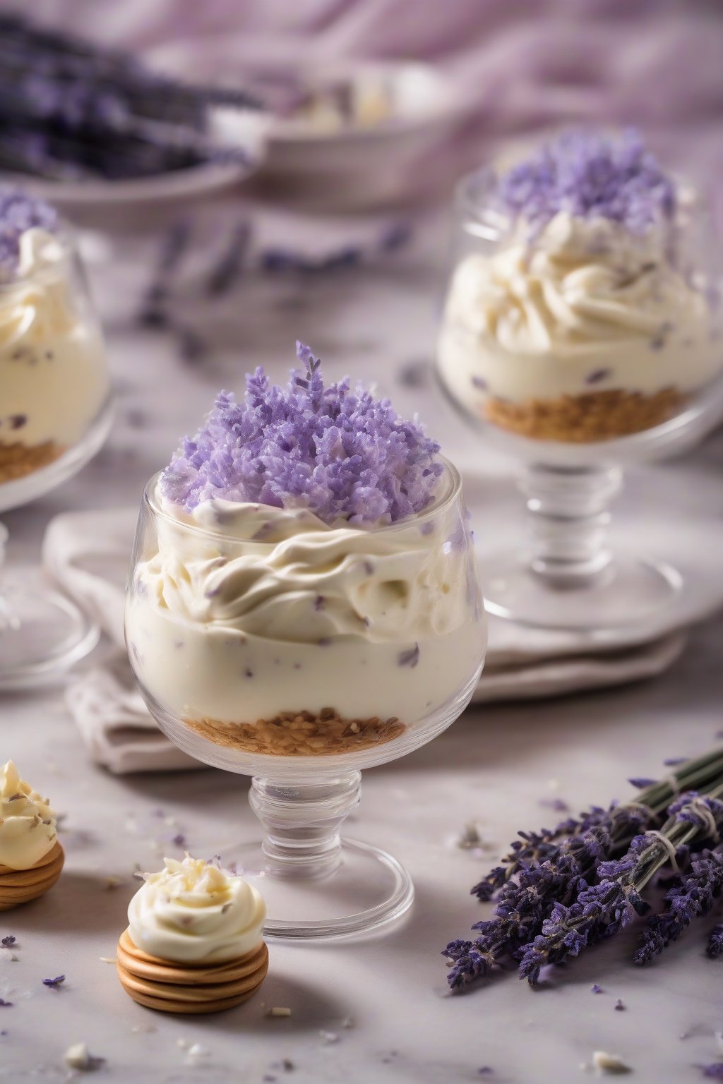 A high-resolution photo of white chocolate lavender whipped mousse in crystal dishes, adorned with lavender buds, under soft lighting.