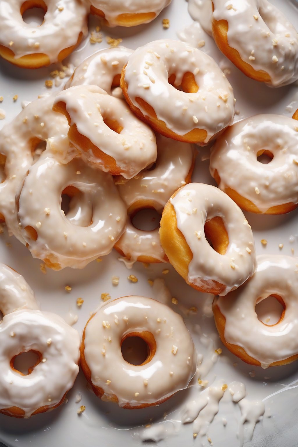 A high-resolution photo of golden classic vanilla glazed yeast donuts on a white plate, glistening with shiny icing, under soft lighting.