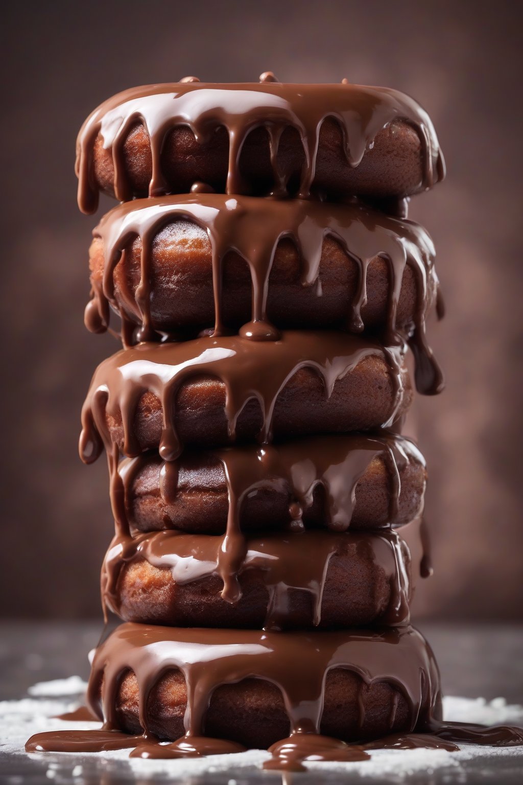 A high-resolution photo of fluffy chocolate glazed yeast donuts stacked high, with dripping glossy chocolate icing, under soft lighting.