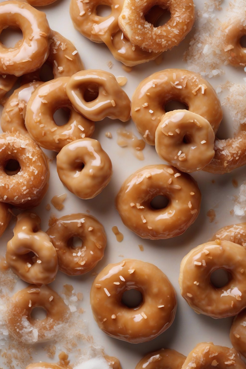 A high-resolution photo of maple glazed yeast donuts with a caramel-like sheen, scattered with sea salt flakes, under soft lighting.