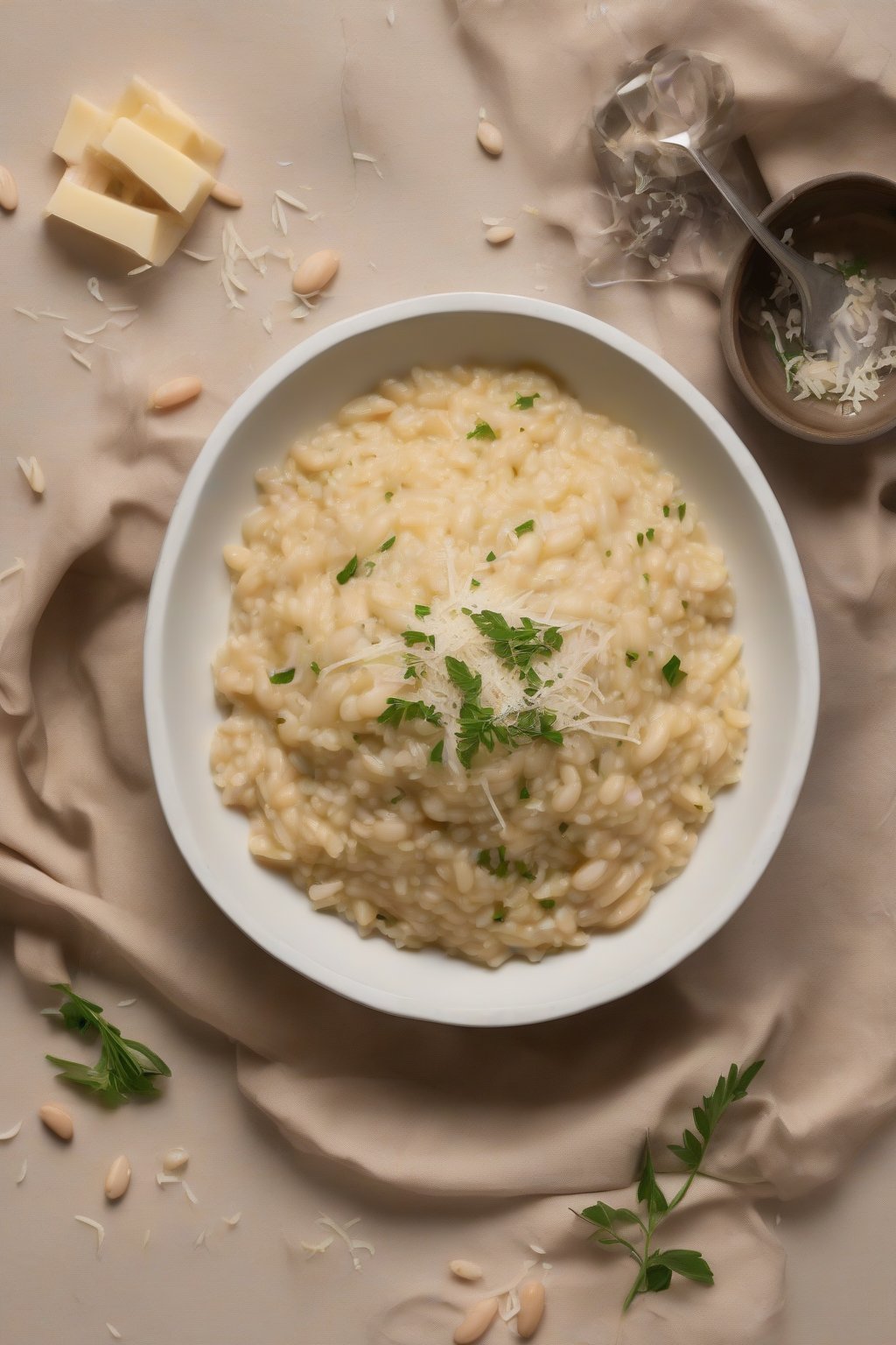A high-resolution photo of a shallow bowl of creamy butter bean risotto garnished with Parmesan shavings, under soft lighting.