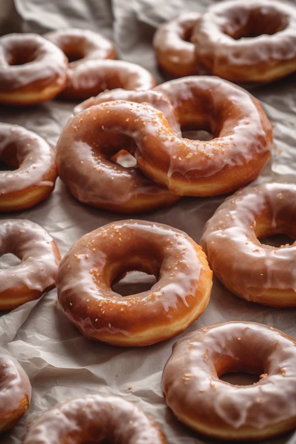 A high-resolution photo of cinnamon-dusted glazed yeast donuts, shiny and spiced, on parchment paper, under soft lighting.