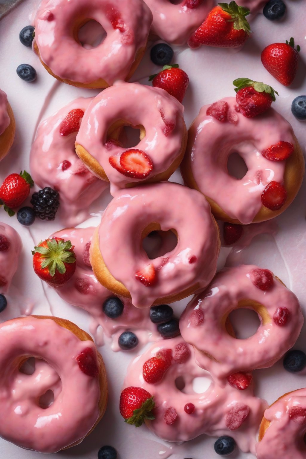 A high-resolution photo of pink strawberry glazed yeast donuts, with fresh berries on top, under soft lighting.