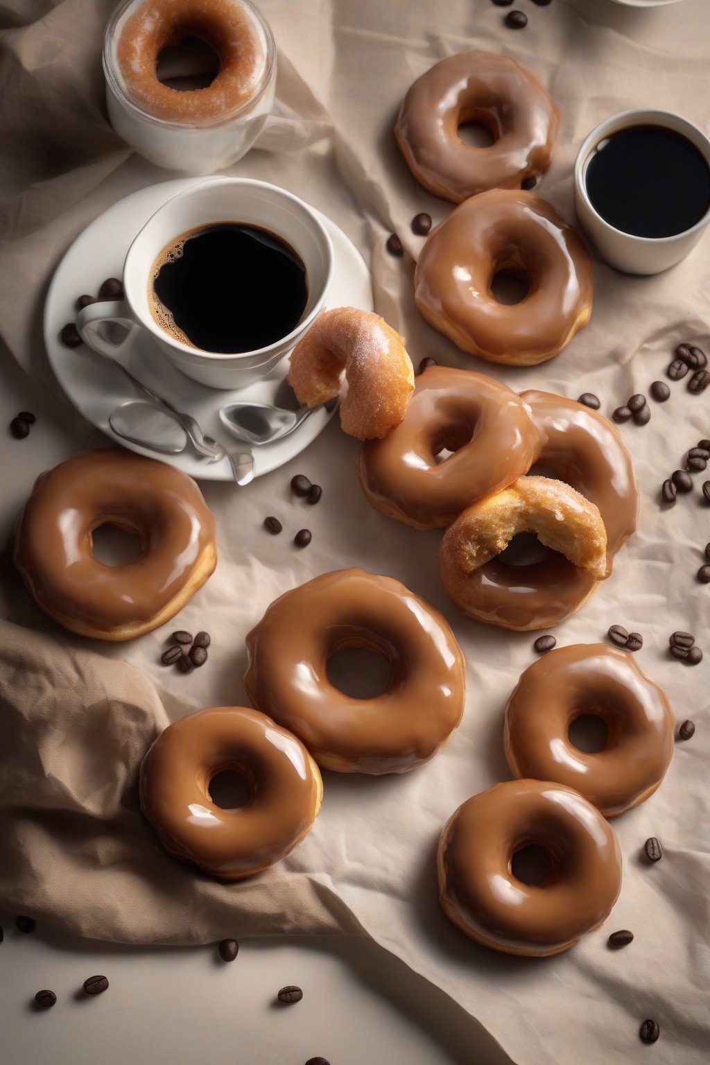 A high-resolution photo of dark coffee glazed yeast donuts, with a subtle drip effect, beside a coffee cup, under soft lighting.