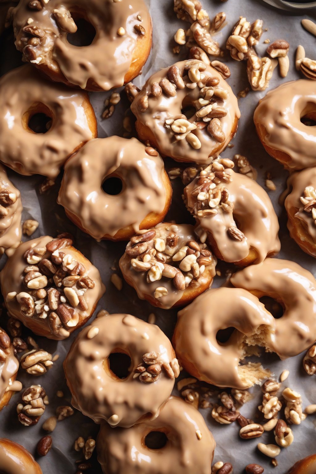 A high-resolution photo of creamy peanut butter glazed yeast donuts, sprinkled with chopped nuts, under soft lighting.