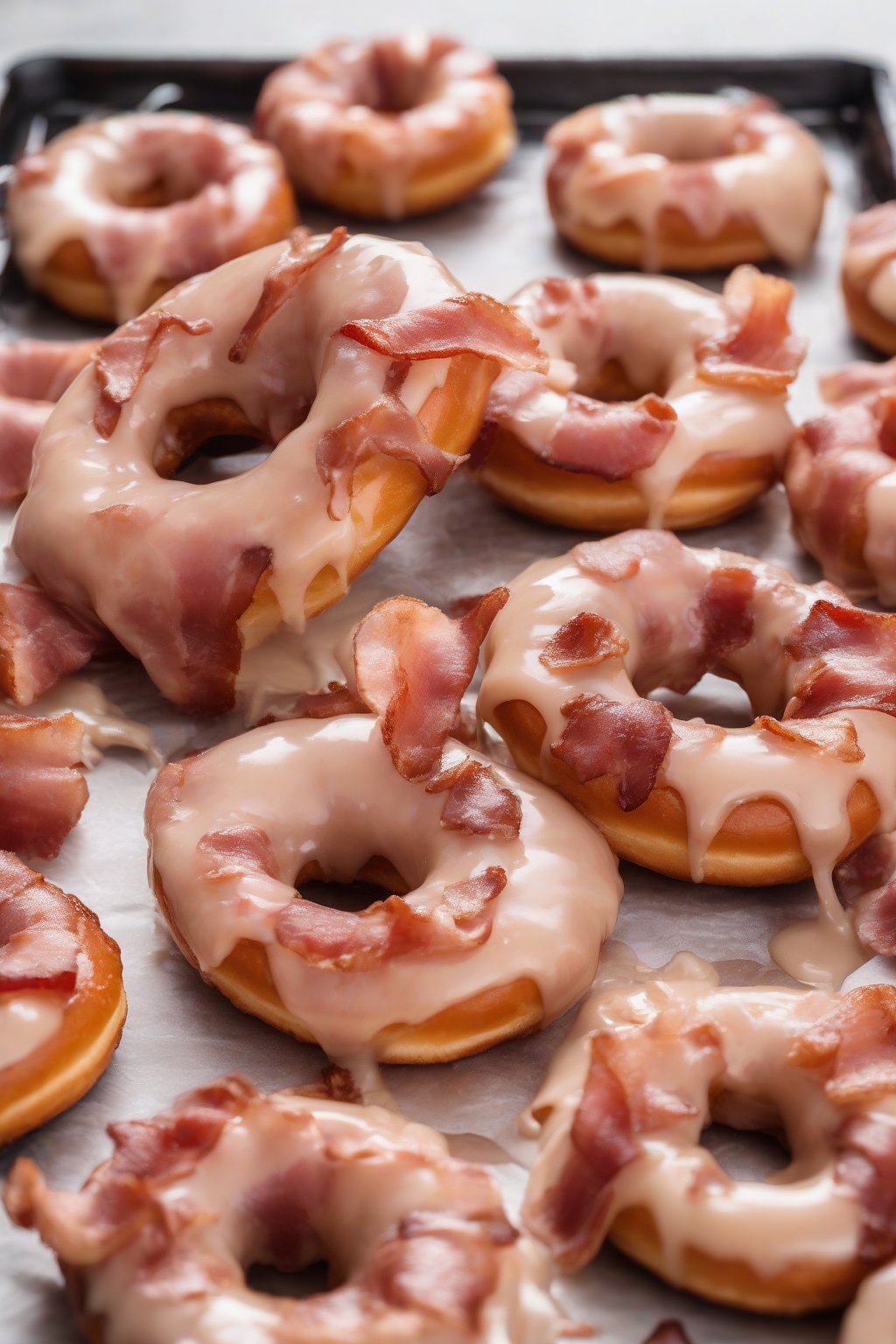 A high-resolution photo of bacon-topped maple glazed yeast donuts, savory and shiny, under soft lighting.