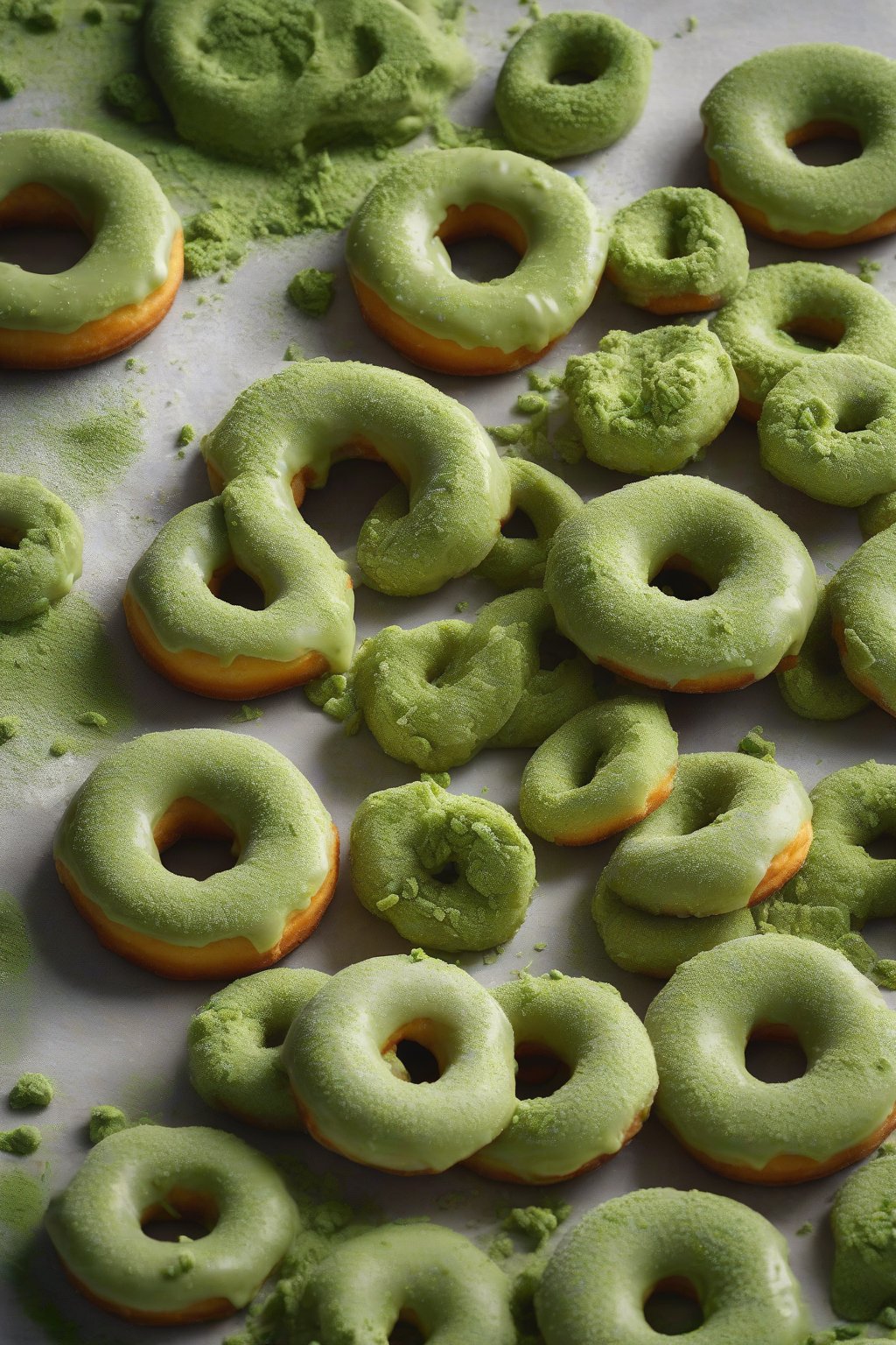 A high-resolution photo of vibrant green matcha glazed yeast donuts, powdered lightly on top, under soft lighting.