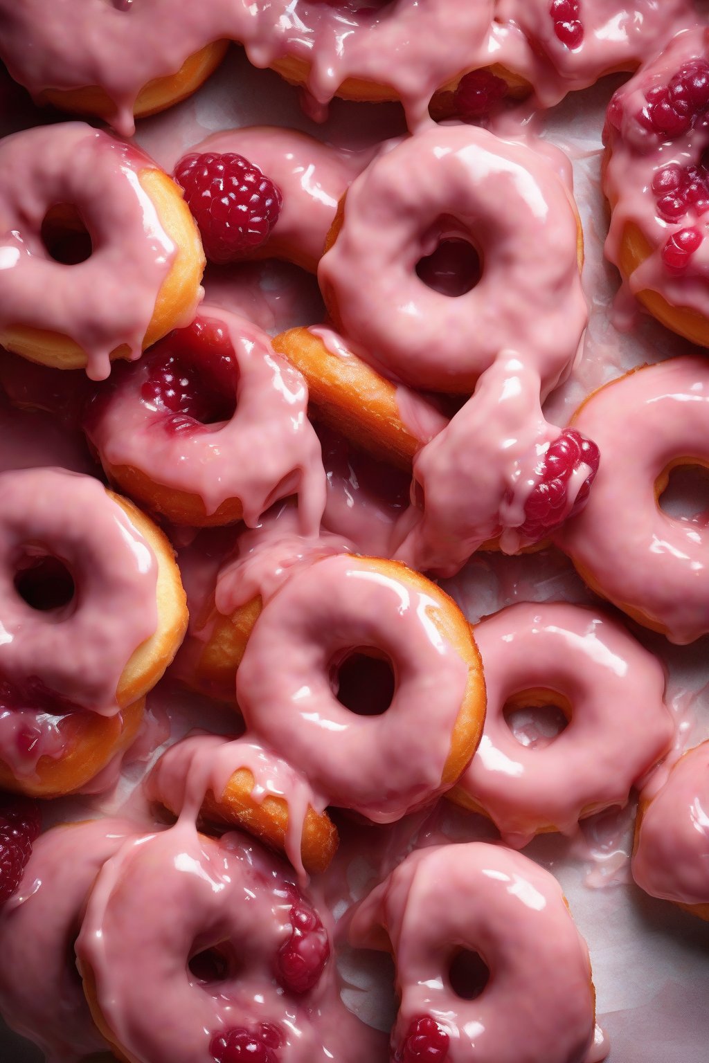 A high-resolution photo of raspberry-filled glazed yeast donuts, with jam oozing slightly, under soft lighting.