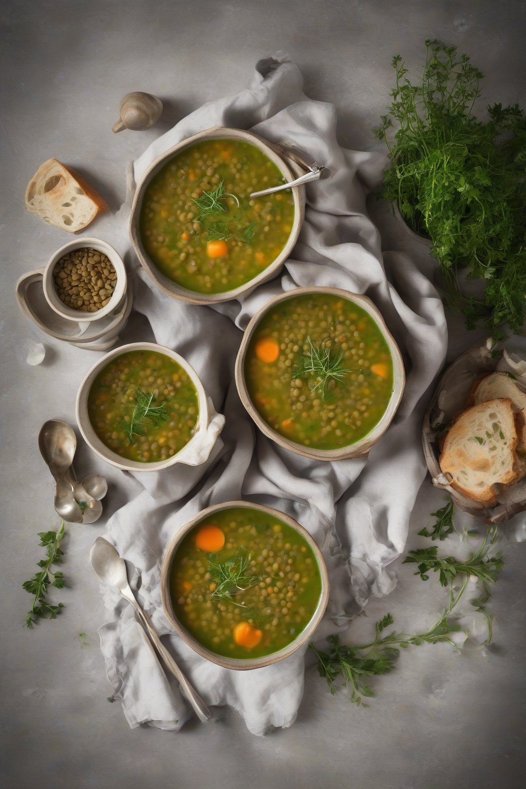 A high-resolution photo of a steaming bowl of classic green lentil soup garnished with fresh herbs under soft lighting.