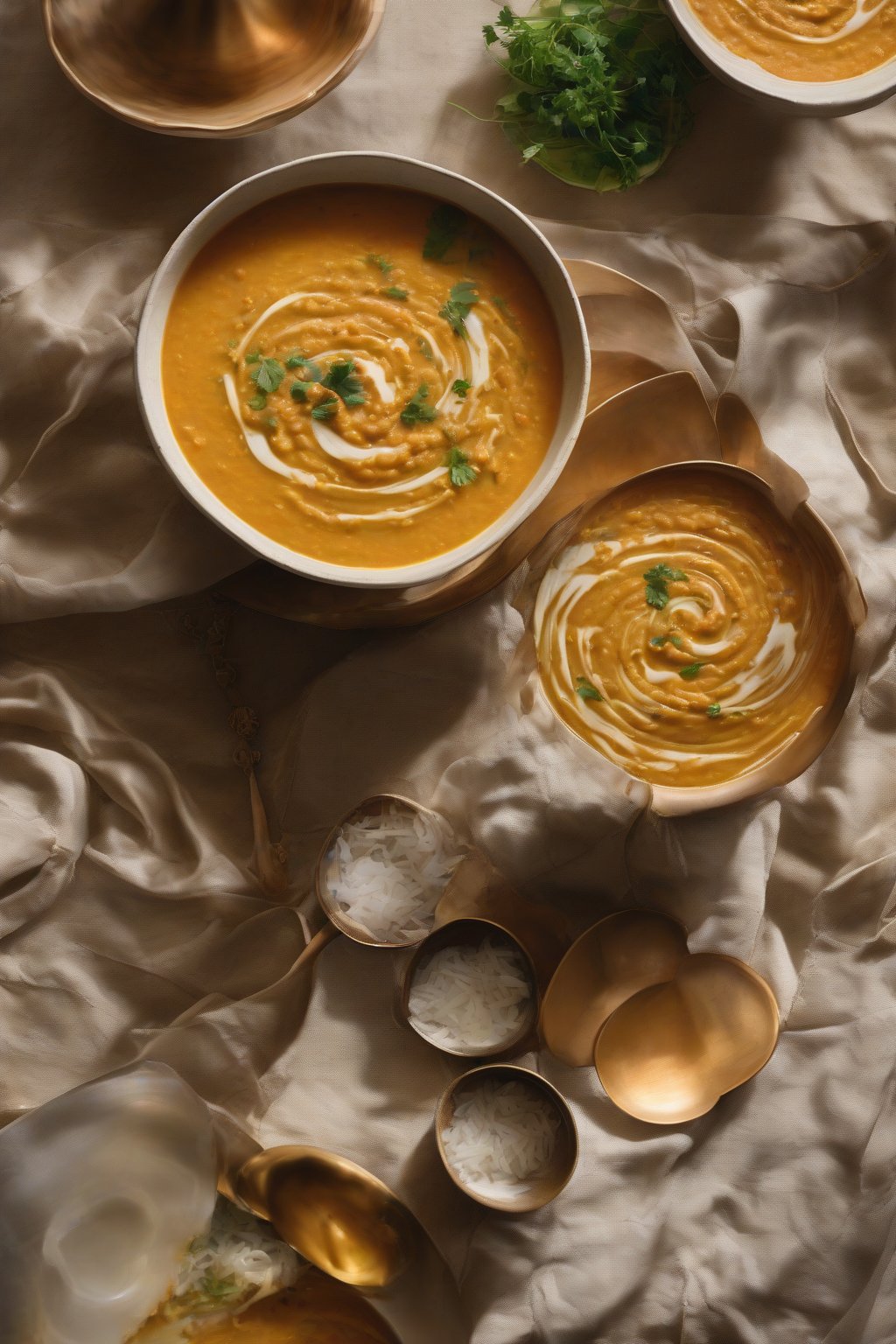 A high-resolution photo of curried red lentil soup swirled with coconut milk under soft lighting.
