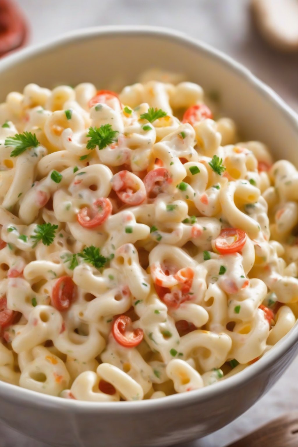 A high-resolution photo of a bowl of classic creamy macaroni salad garnished with paprika, under soft lighting.