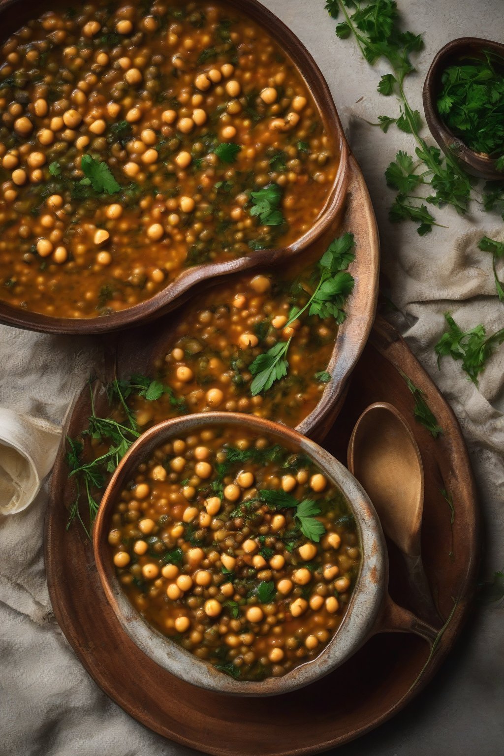 A high-resolution photo of Moroccan lentil soup topped with chickpeas and herbs under soft lighting.