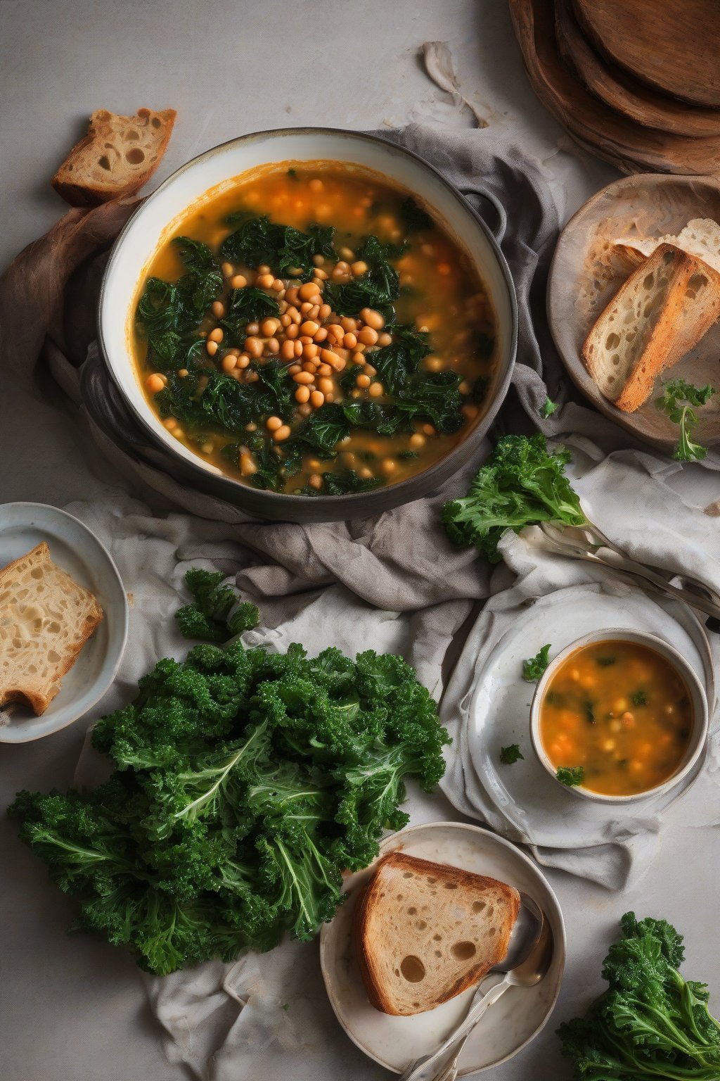 A high-resolution photo of smoky lentil soup with vibrant kale leaves under soft lighting.
