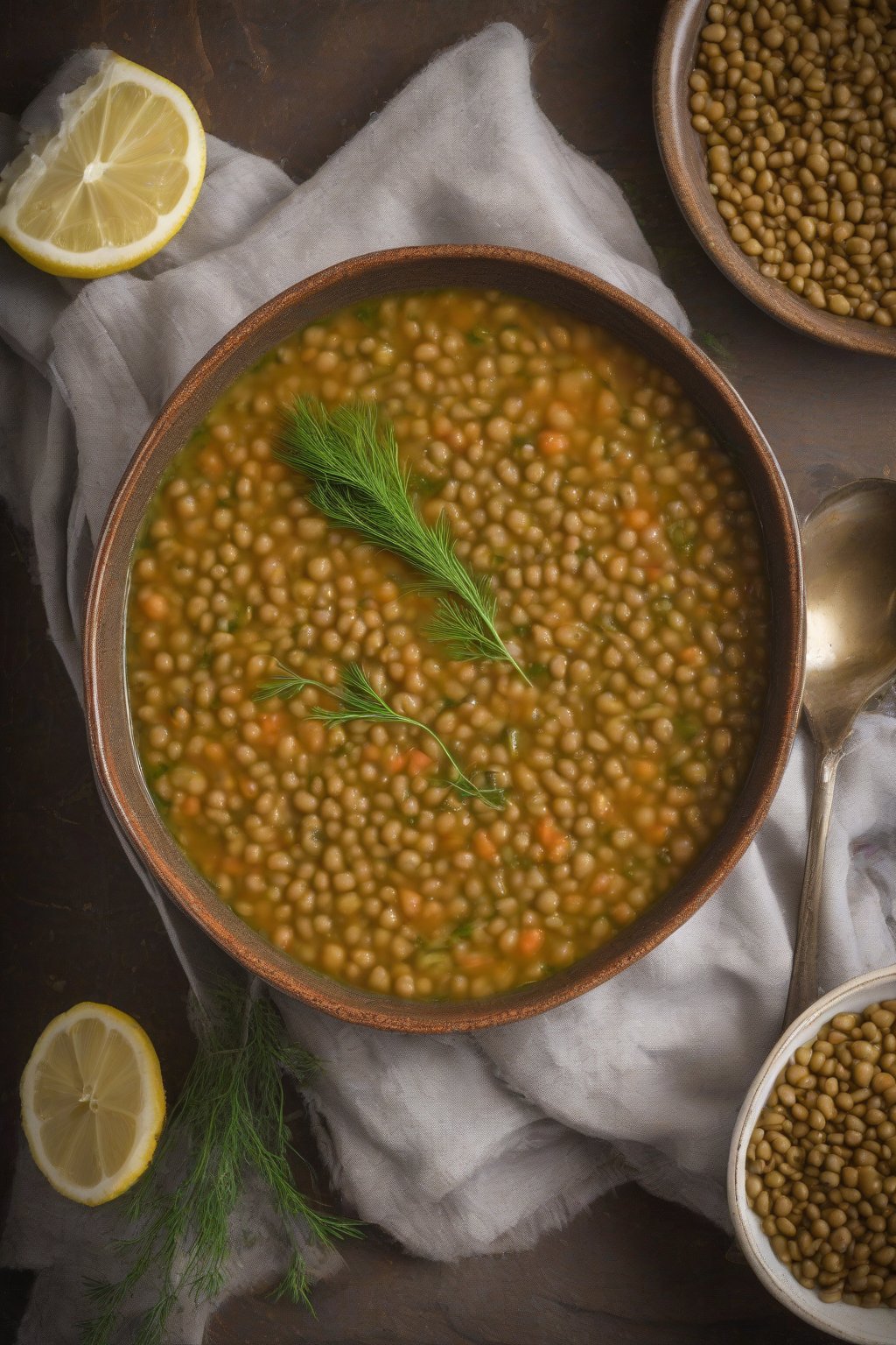 A high-resolution photo of lemony lentil soup garnished with dill sprigs under soft lighting.