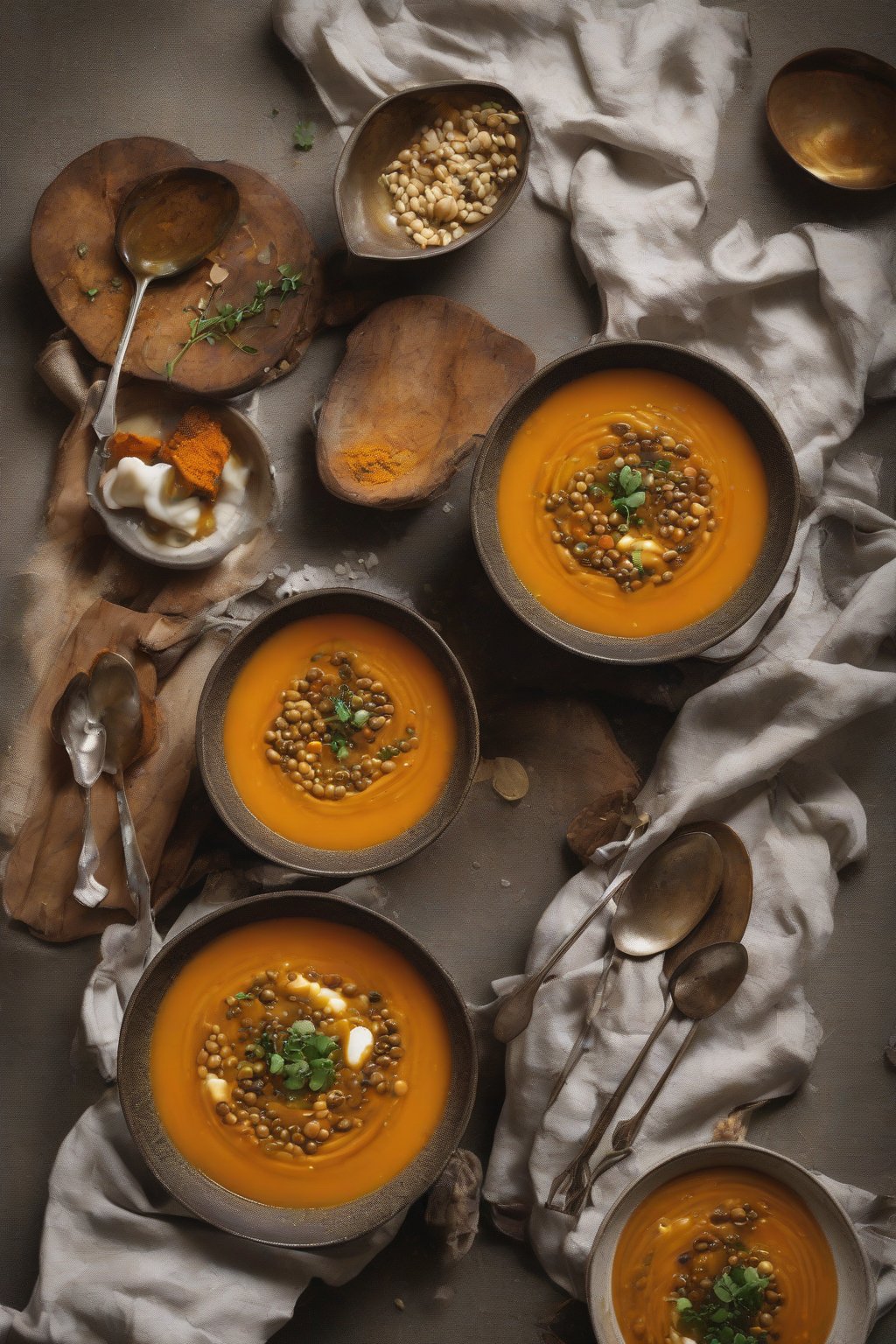 A high-resolution photo of smooth sweet potato lentil soup drizzled with oil under soft lighting.