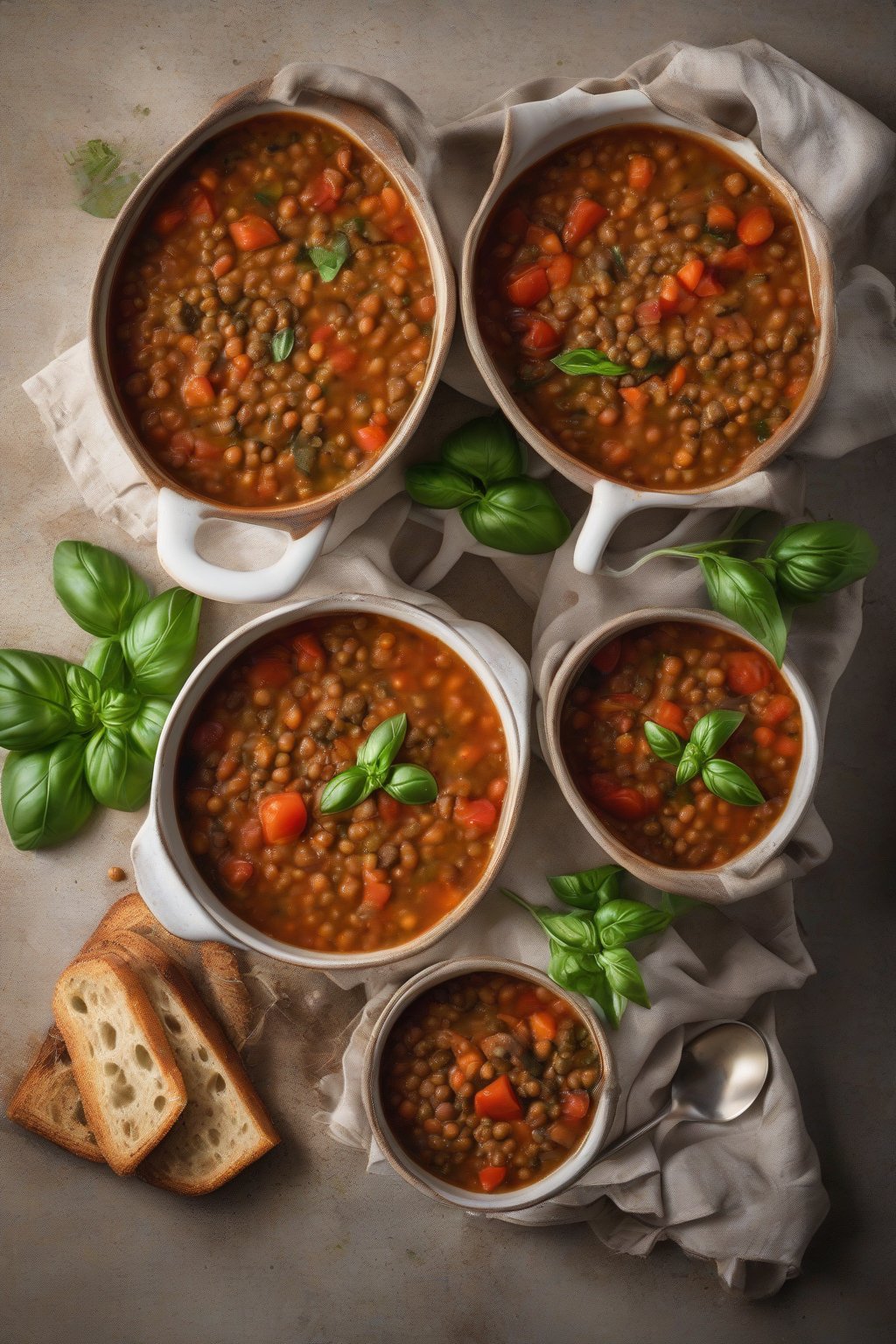 A high-resolution photo of Italian lentil soup with tomato chunks and basil under soft lighting.