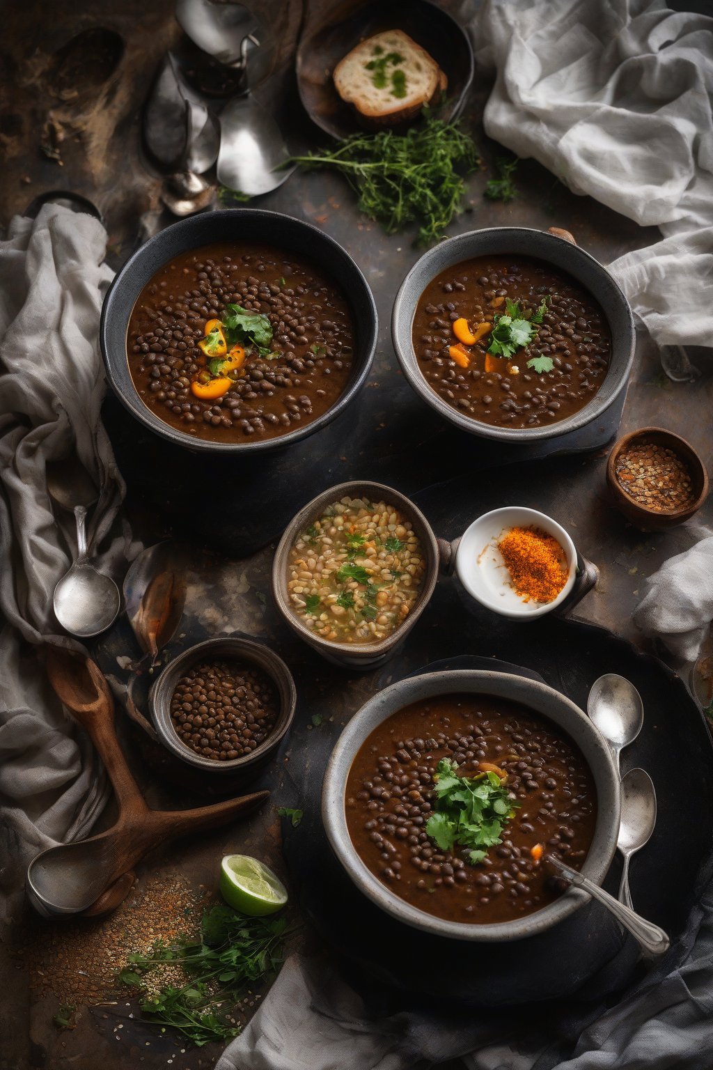 A high-resolution photo of spicy black lentil soup with cumin flecks under soft lighting.