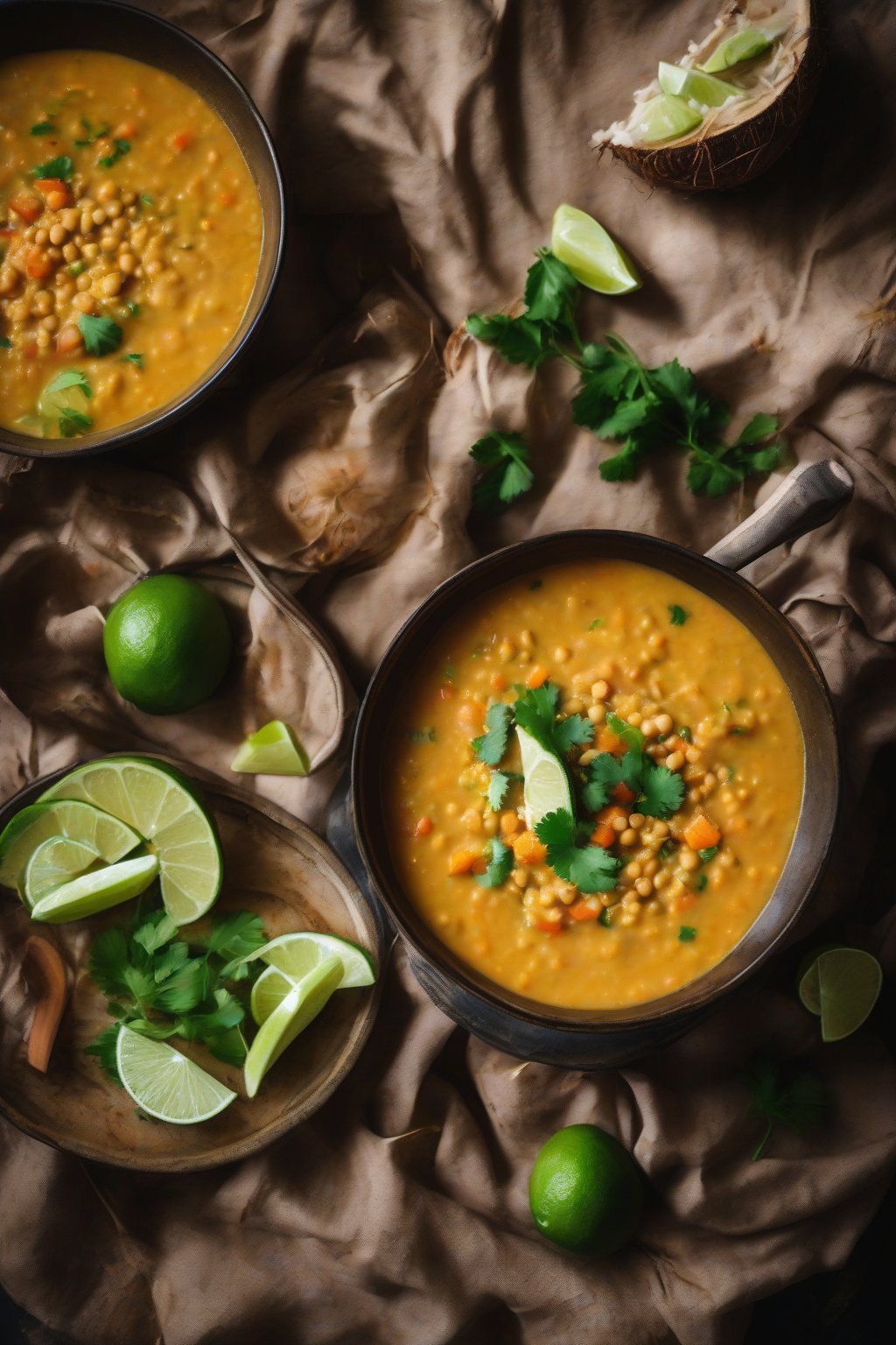 A high-resolution photo of golden coconut lentil soup with lime wedge under soft lighting.