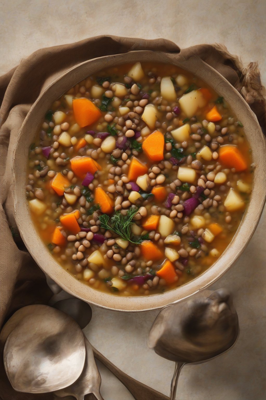 A high-resolution photo of colorful harvest lentil soup with root veggies under soft lighting.