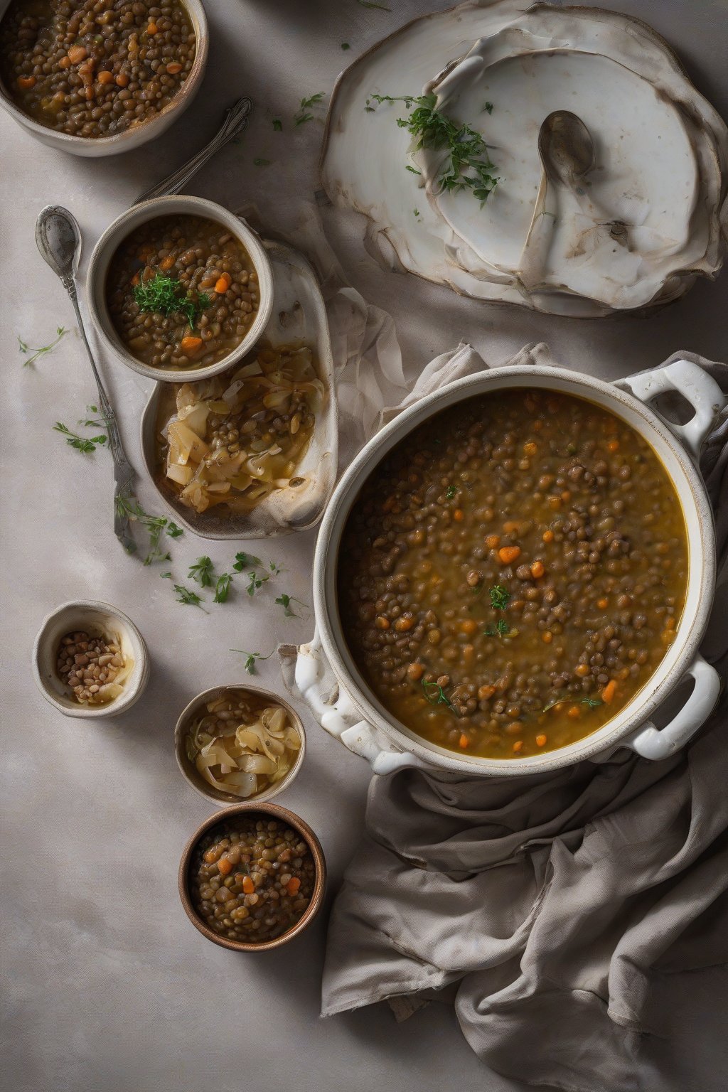 A high-resolution photo of French lentil soup with caramelized onions under soft lighting.