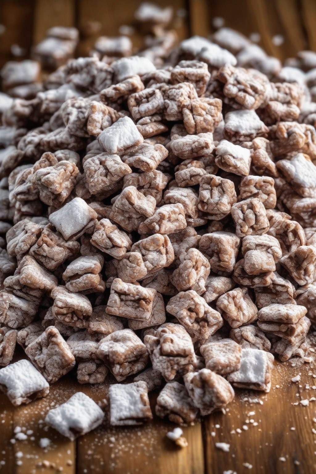 A high-resolution photo of classic peanut butter chocolate Puppy Chow scattered on a wooden table, glistening with powdered sugar under soft lighting.