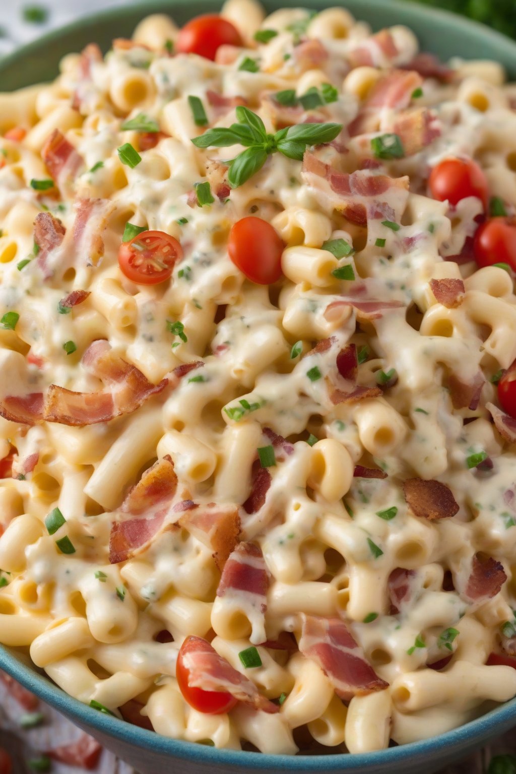 A high-resolution photo of bacon ranch macaroni salad topped with cheese and tomatoes, under soft lighting.