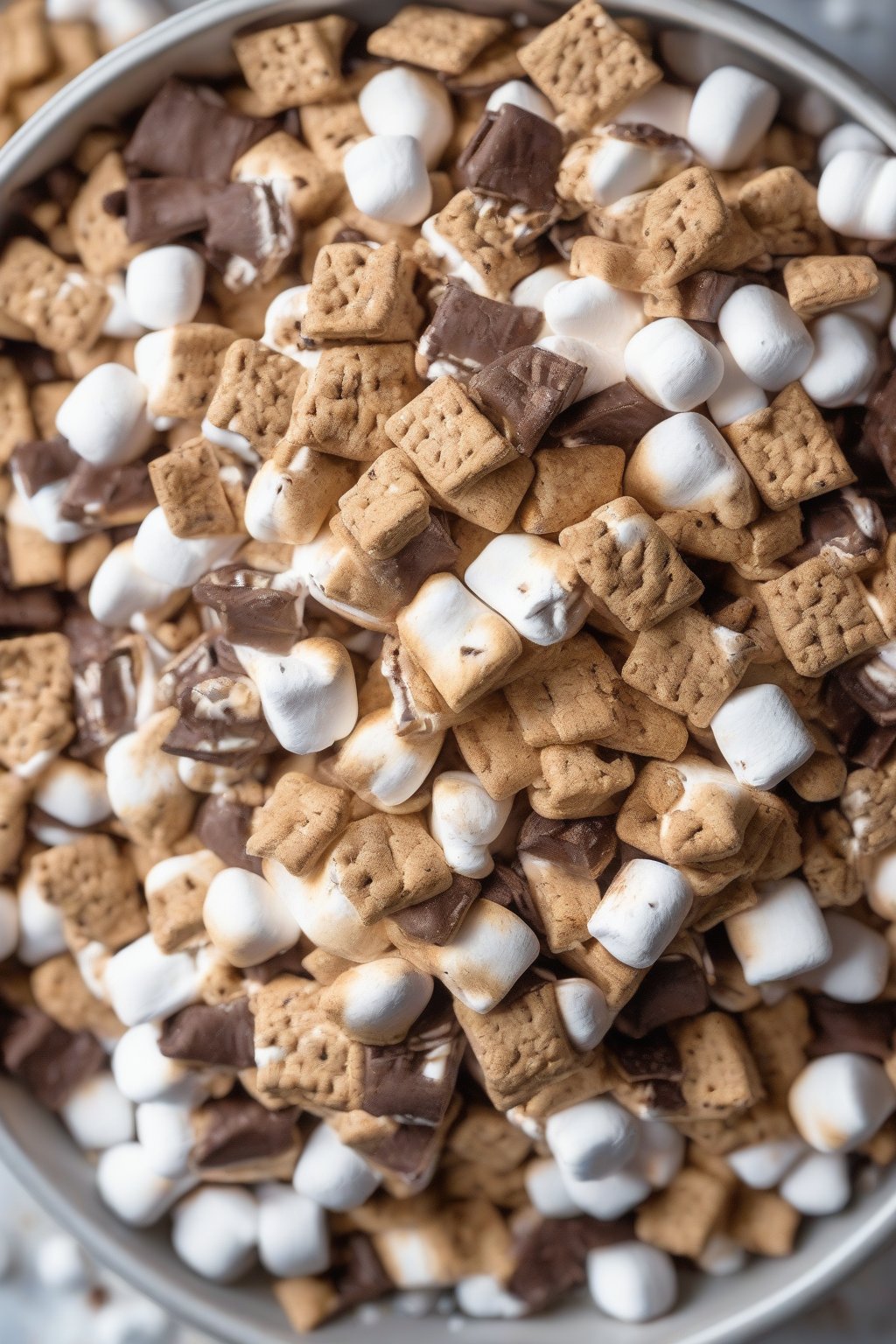 A high-resolution photo of s'mores Puppy Chow piled high with mini marshmallows and graham cracker bits under soft lighting.