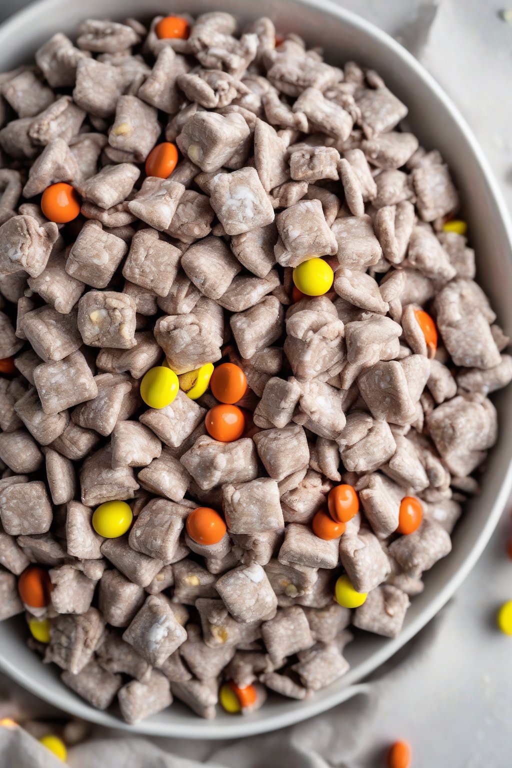 A high-resolution photo of Reese's Puppy Chow overflowing with peanut butter cup pieces in a white bowl under soft lighting.