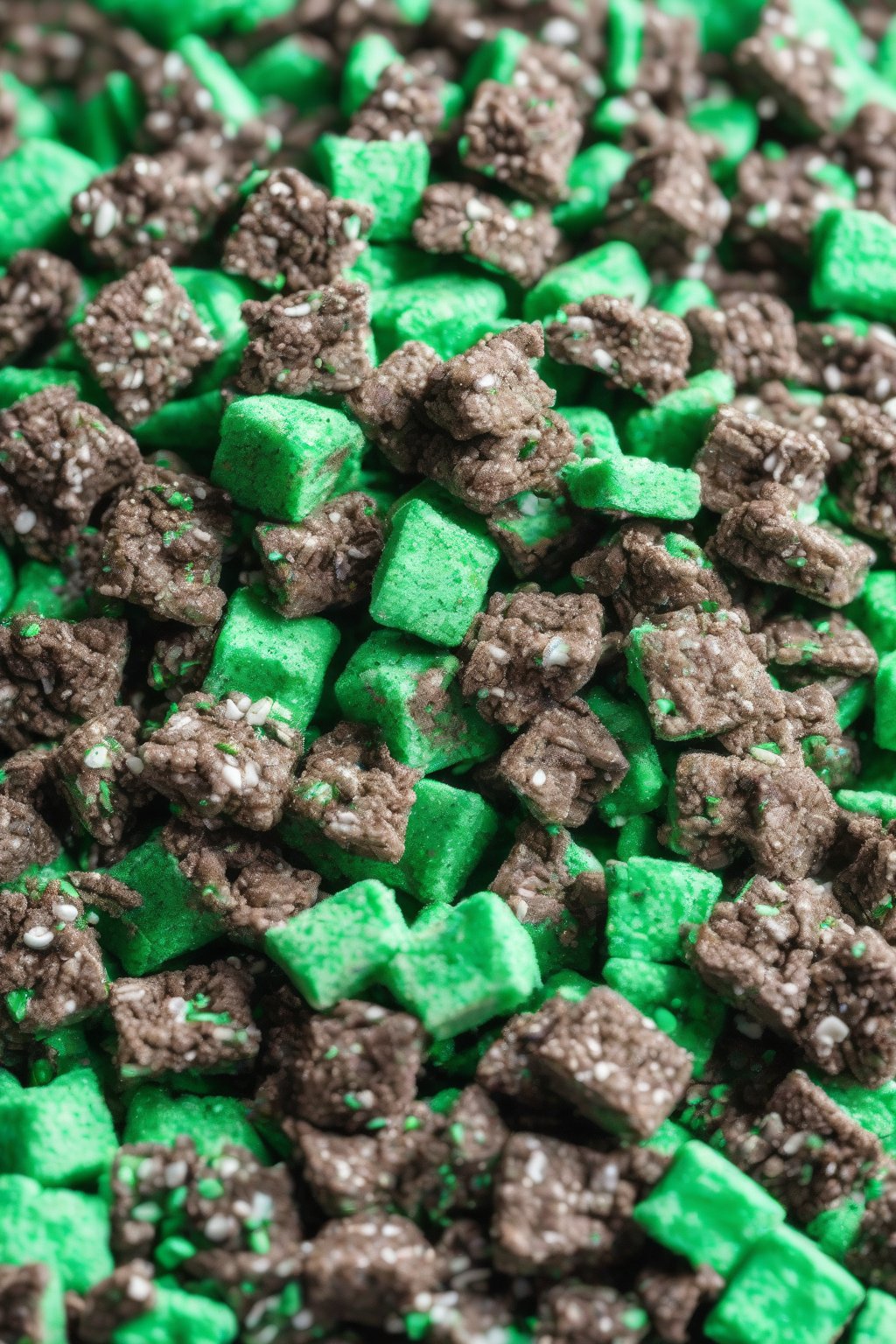 A high-resolution photo of vibrant green-tinted Thin Mint Puppy Chow with cookie crumbs under soft lighting.
