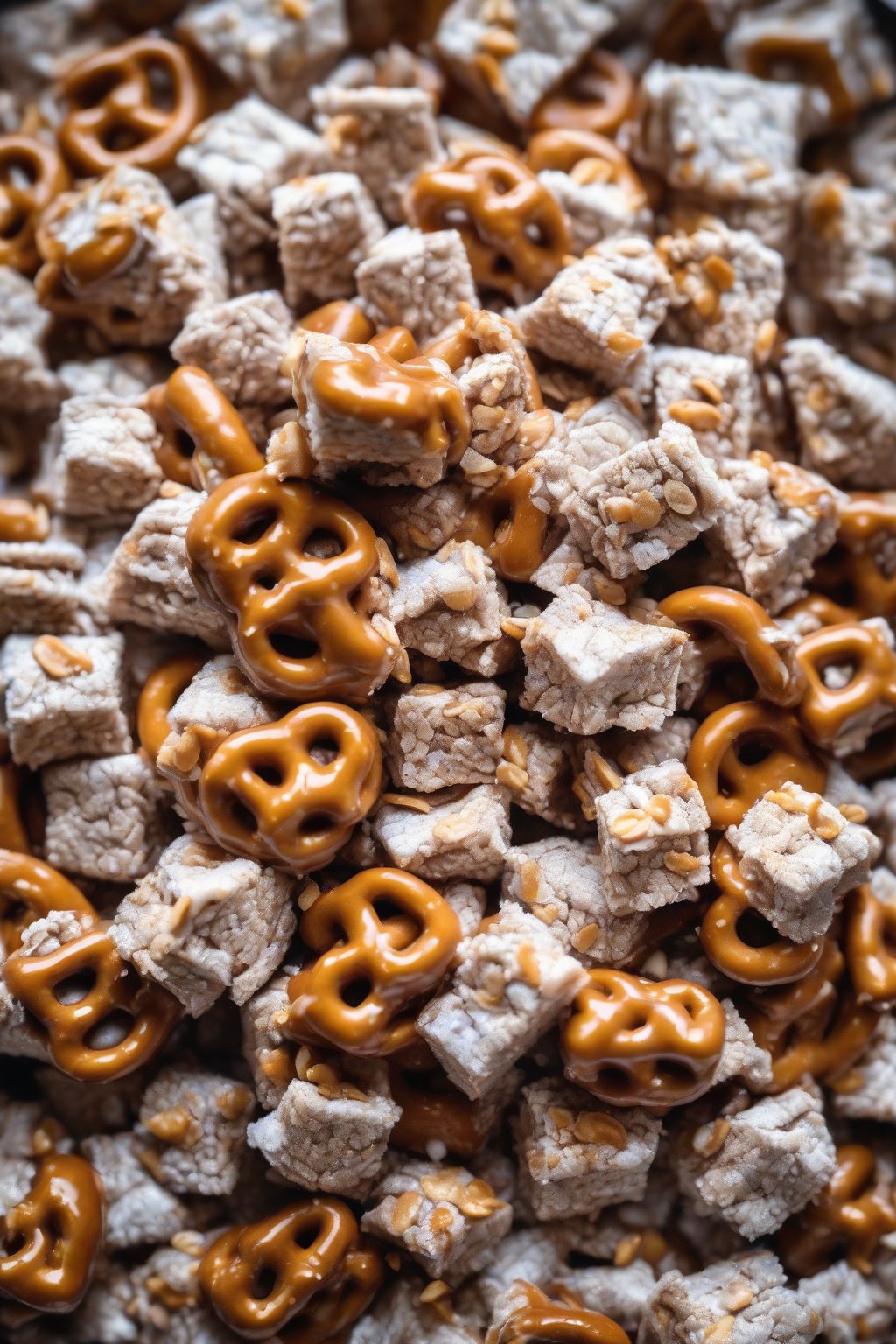 A high-resolution photo of salted caramel pretzel Puppy Chow with glistening caramel drips under soft lighting.
