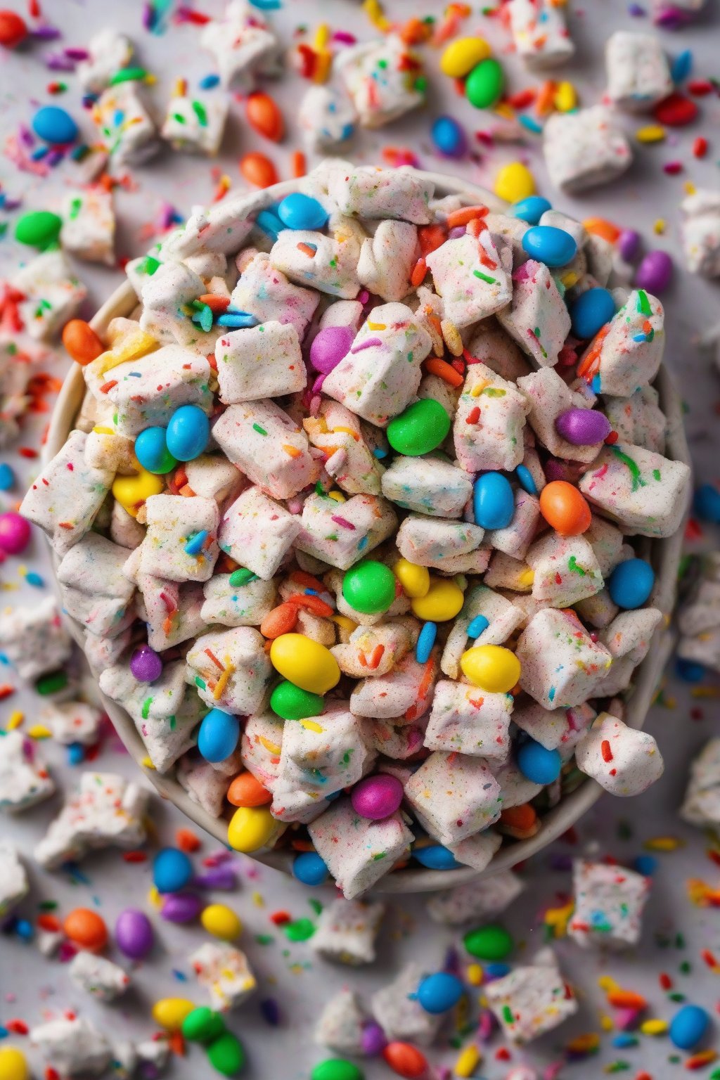 A high-resolution photo of colorful birthday cake Puppy Chow bursting with rainbow sprinkles under soft lighting.