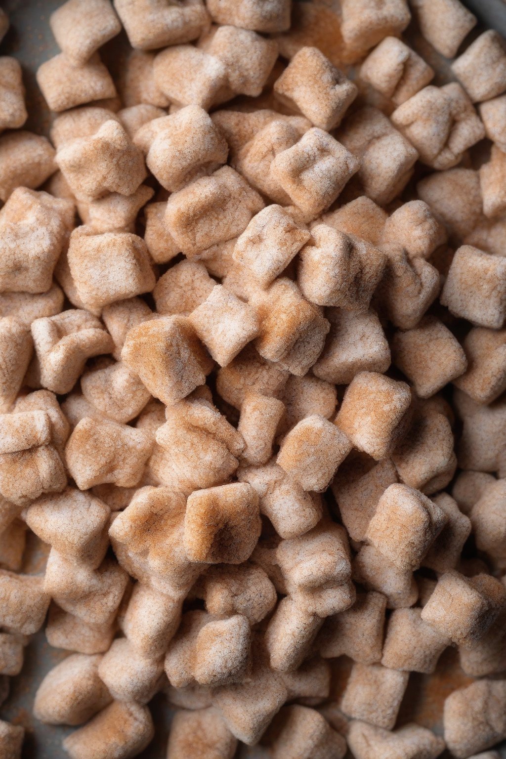 A high-resolution photo of Snickerdoodle Puppy Chow dusted with cinnamon sugar under soft lighting.