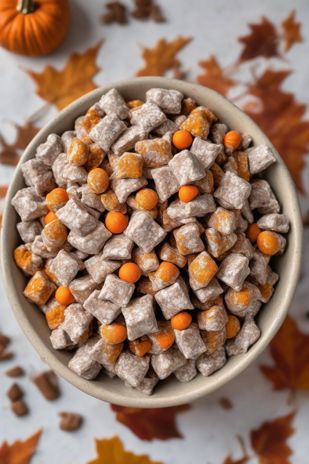 A high-resolution photo of orange-flecked pumpkin spice Puppy Chow in an autumn leaf bowl under soft lighting.