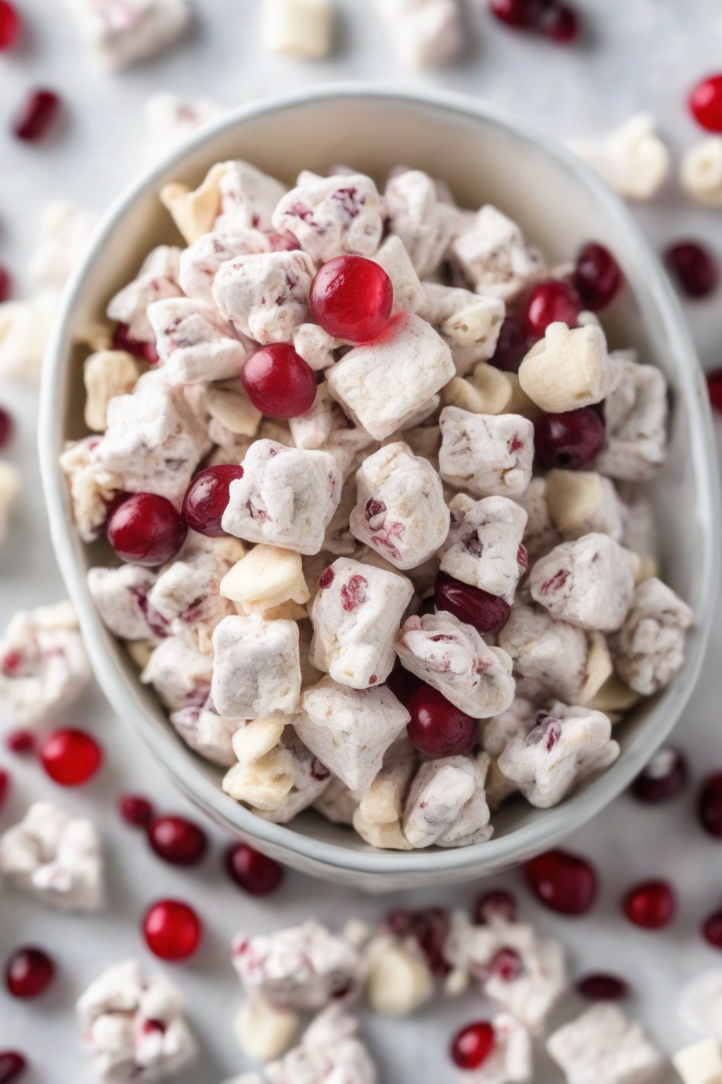 A high-resolution photo of white chocolate cranberry Puppy Chow with plump red berries under soft lighting.