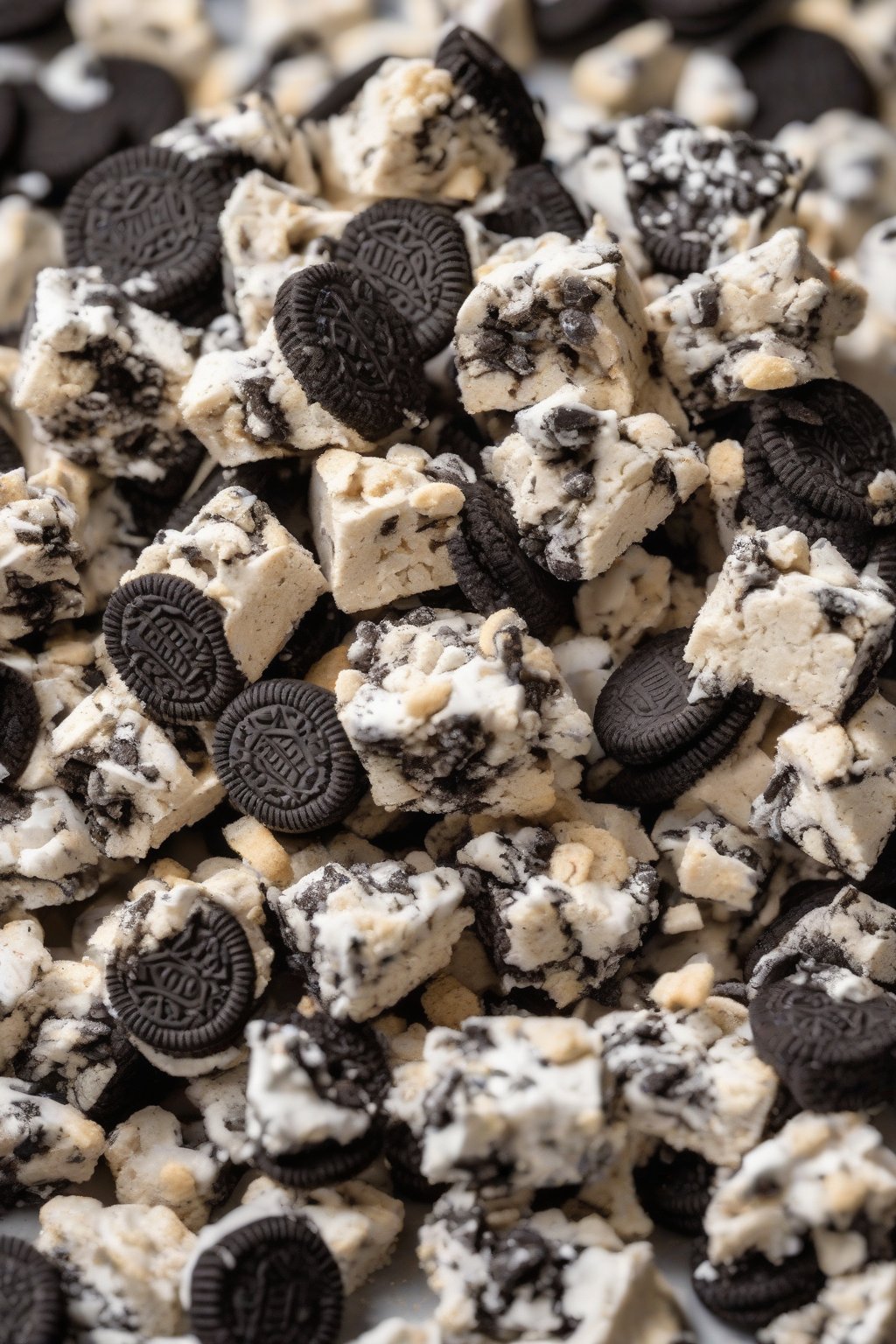 A high-resolution photo of Oreo Puppy Chow chunks amid cookie crumble under soft lighting.