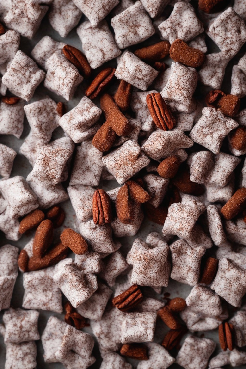 A high-resolution photo of Mexican hot chocolate Puppy Chow with a dusting of chili powder under soft lighting.