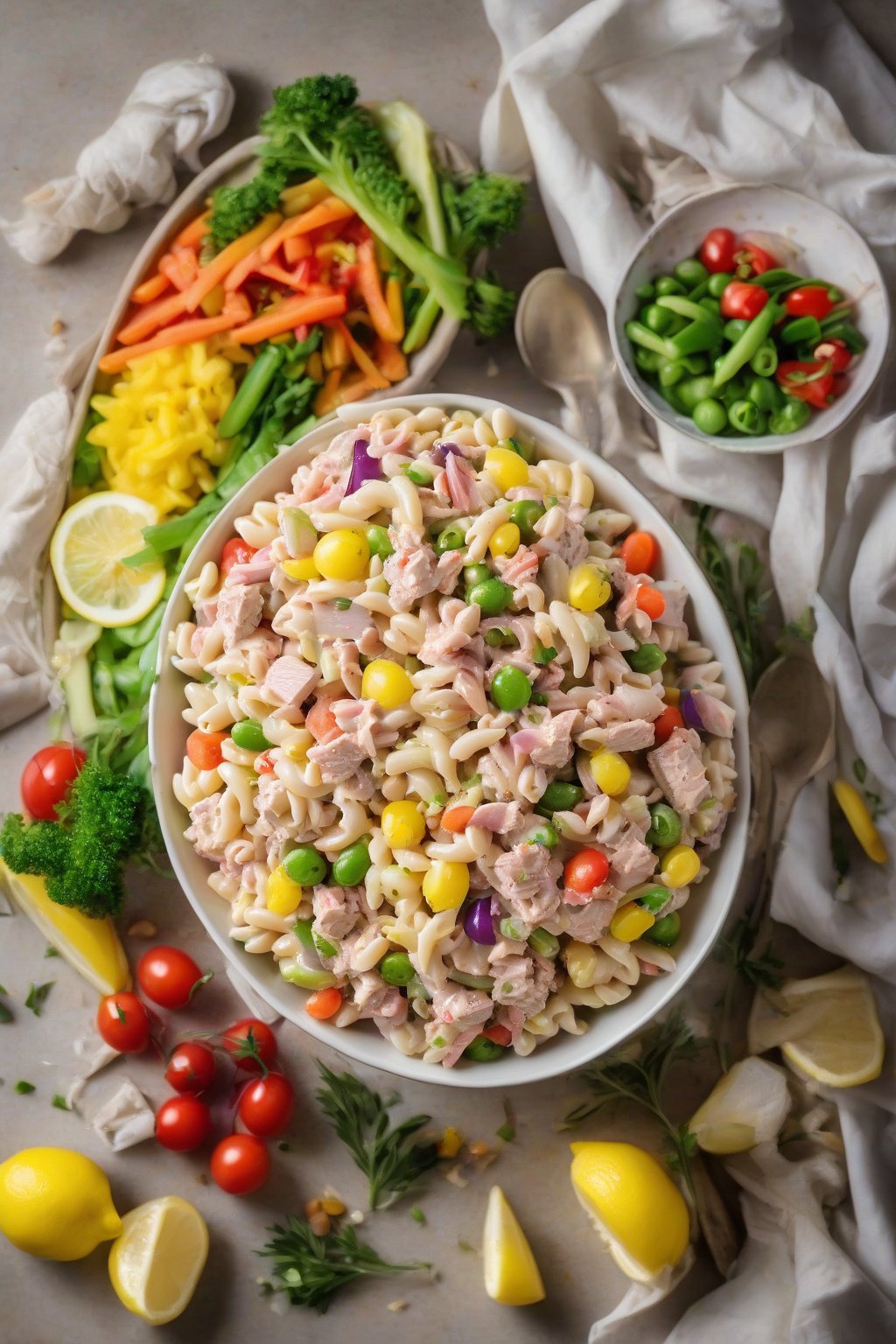 A high-resolution photo of tuna macaroni salad with colorful veggies and lemon wedges, under soft lighting.