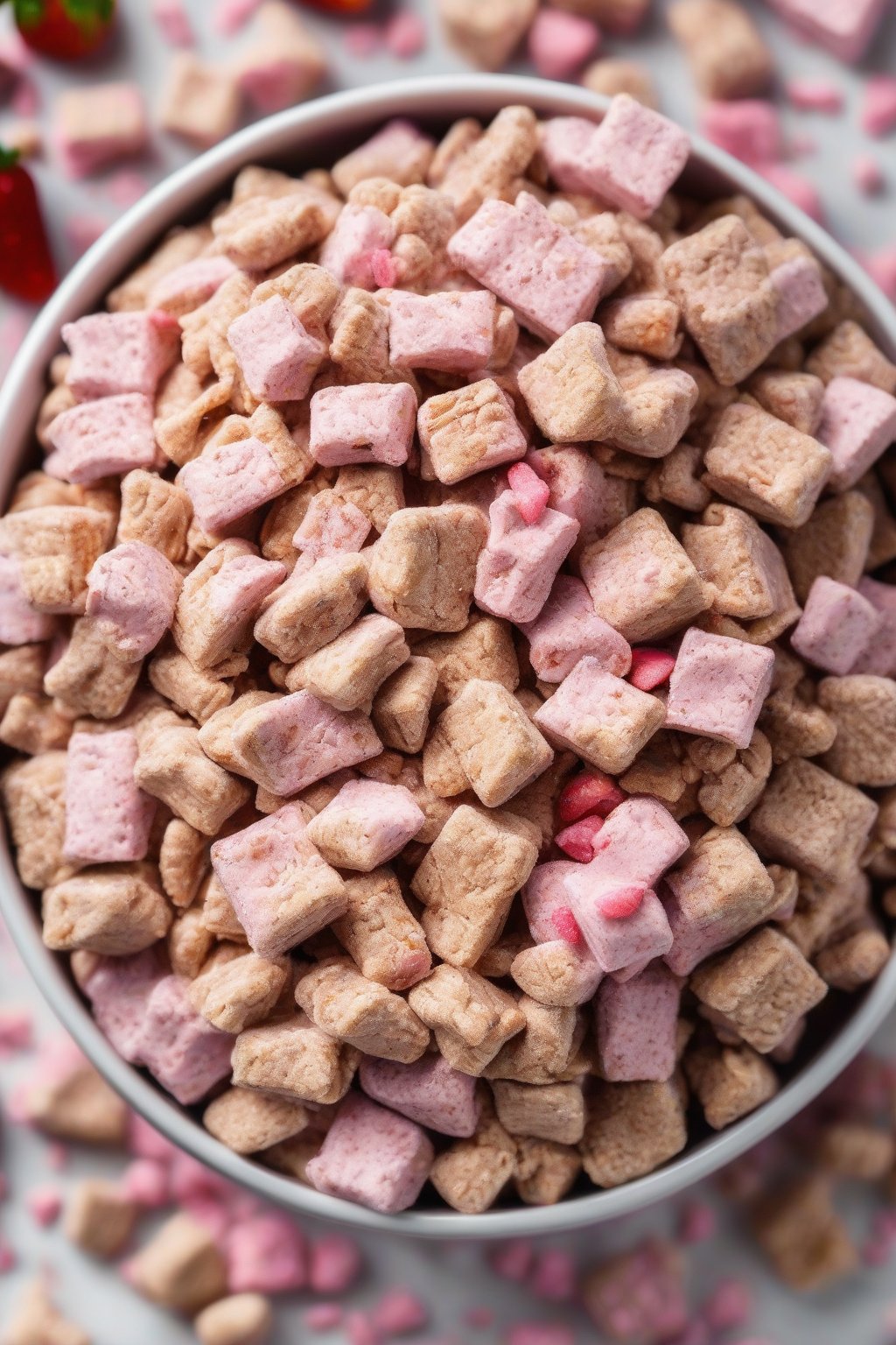 A high-resolution photo of Peanut Butter & Jelly Puppy Chow with pink strawberry flecks under soft lighting.