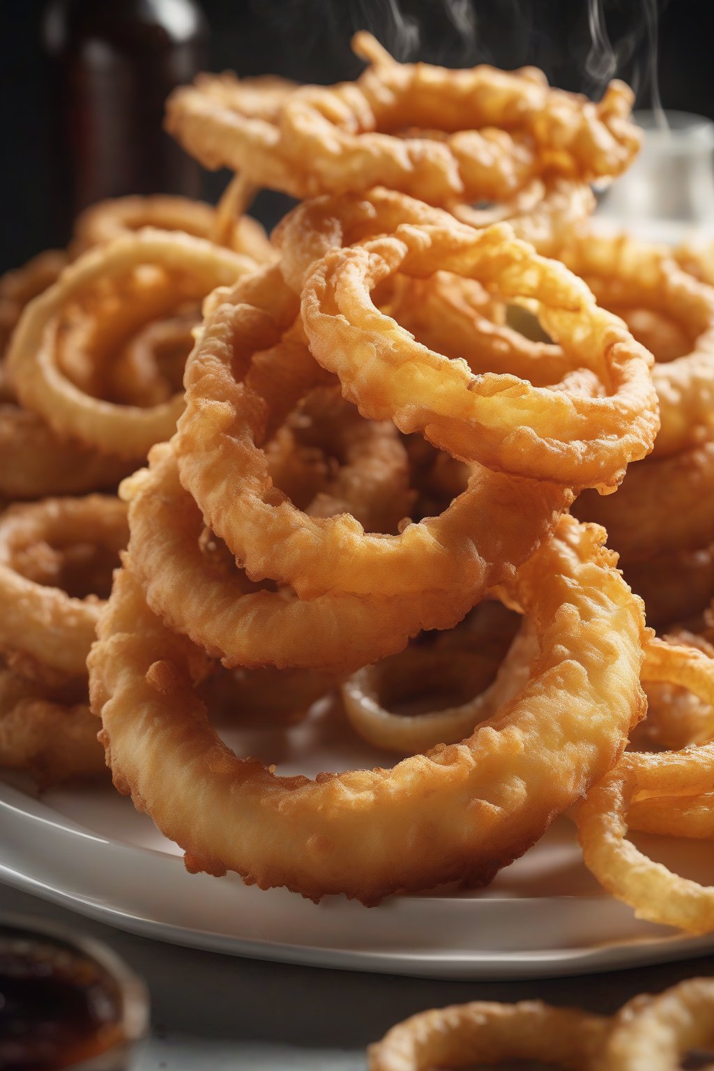 A high-resolution photo of golden beer-battered onion rings piled high on a white plate, steam rising, under soft lighting.