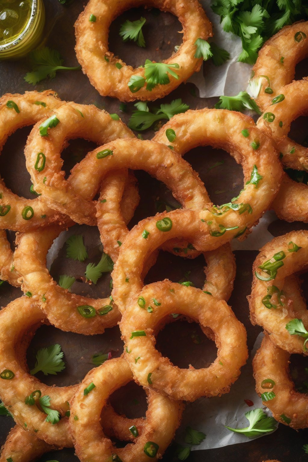 A high-resolution photo of spicy jalapeño-studded beer onion rings with red flecks, garnished with cilantro, under soft lighting.