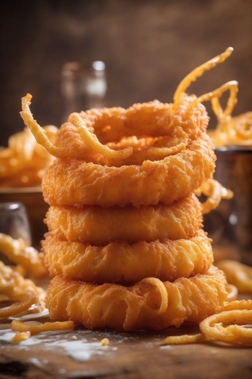 A high-resolution photo of cheesy beer onion rings oozing cheddar, stacked with dip, under soft lighting.