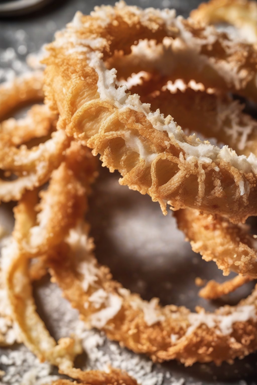 A high-resolution photo of garlic parmesan beer onion rings dusted white, close-up on crispy edges, under soft lighting.