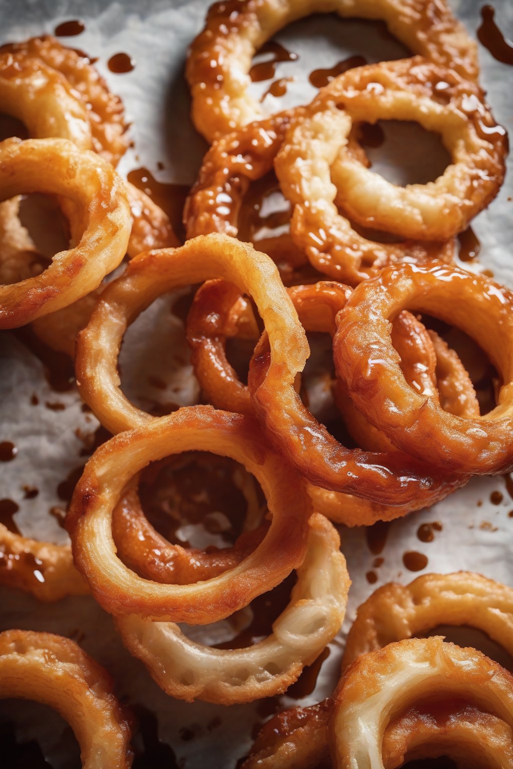 A high-resolution photo of BBQ-glazed beer onion rings shiny and stacked, sauce drizzle, under soft lighting.