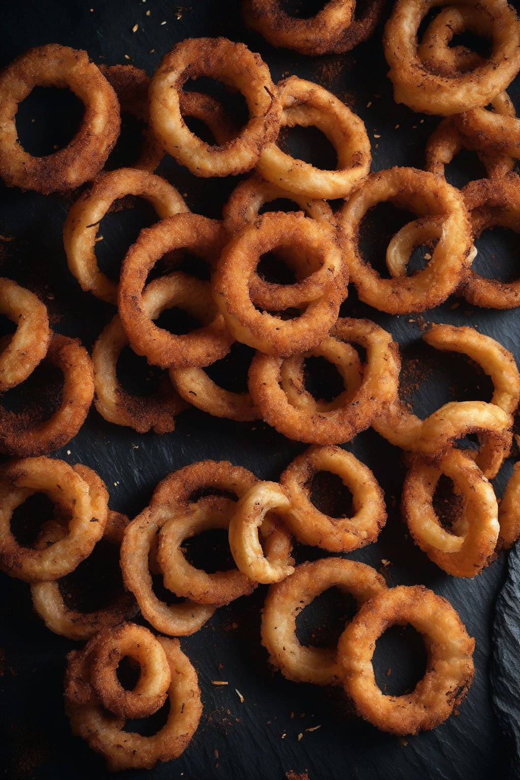 A high-resolution photo of blackened Cajun beer onion rings with spice rub, on black slate, under soft lighting.