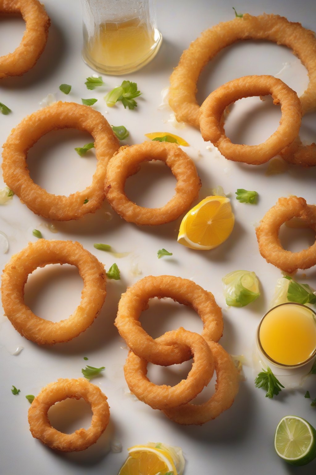 A high-resolution photo of hoppy IPA beer onion rings with citrus garnish, frothy batter bits, under soft lighting.