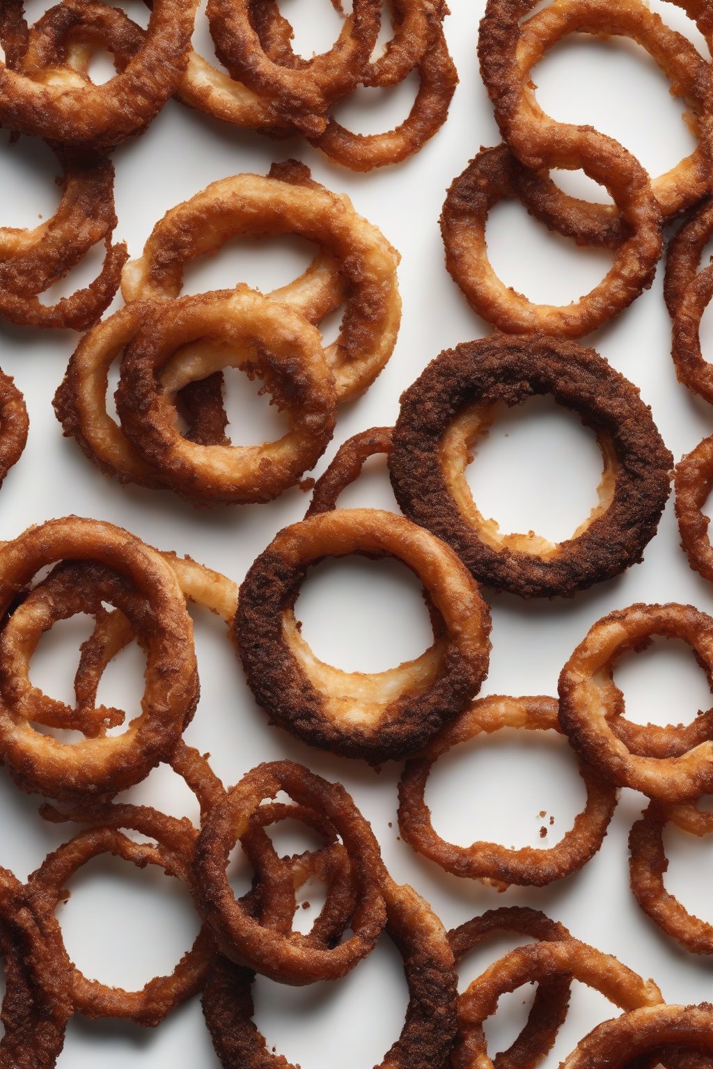 A high-resolution photo of dark stout beer onion rings with subtle sheen, cocoa dust, under soft lighting.