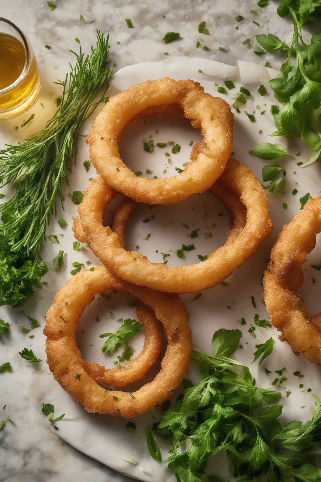 A high-resolution photo of herb-flecked pilsner beer onion rings, fresh green herbs atop, under soft lighting.