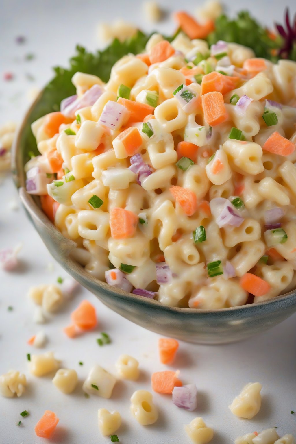 A high-resolution photo of Hawaiian macaroni salad with pineapple chunks and carrots, under soft lighting.